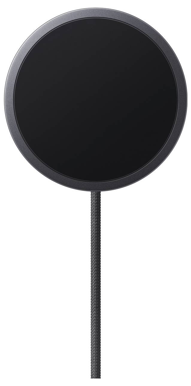 Ein rundes, schwarzes kabelloses Ladegerät mit geflochtenem Kabel wird gezeigt, das zum Laden kompatibler Geräte konzipiert ist.
