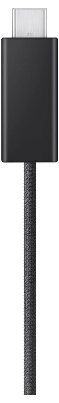 Ein schwarzes HDMI-Kabel mit geflochtenem Mantel und silberfarbigem Steckerendstück.