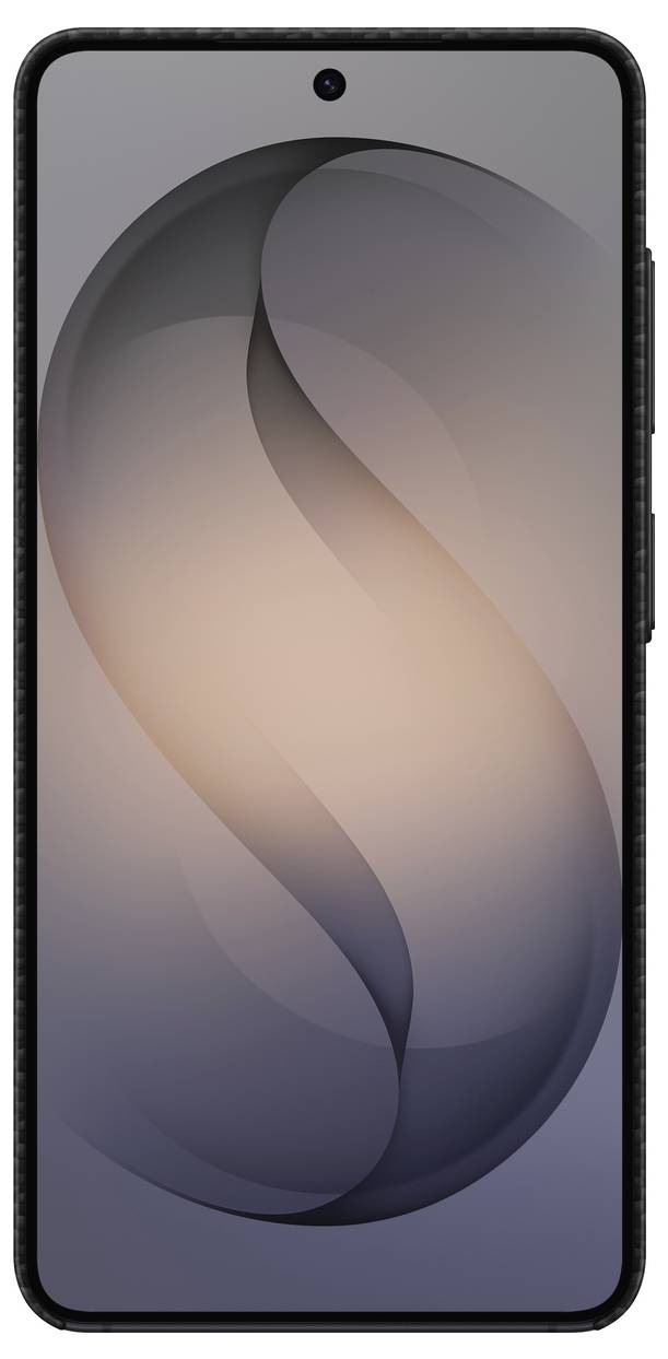 Ein Smartphone mit Vollbilddisplay, das einen Farbverlaufshintergrund mit einem großen stilisierten 'S' in der Mitte zeigt.