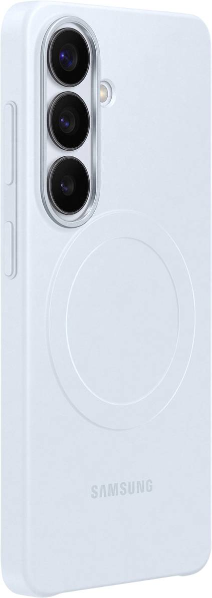 Ein hellgraues Smartphone-Case mit einem vertikalen Ausschnitt für drei Kameralinsen wird aus einer hinteren Schrägansicht gezeigt.