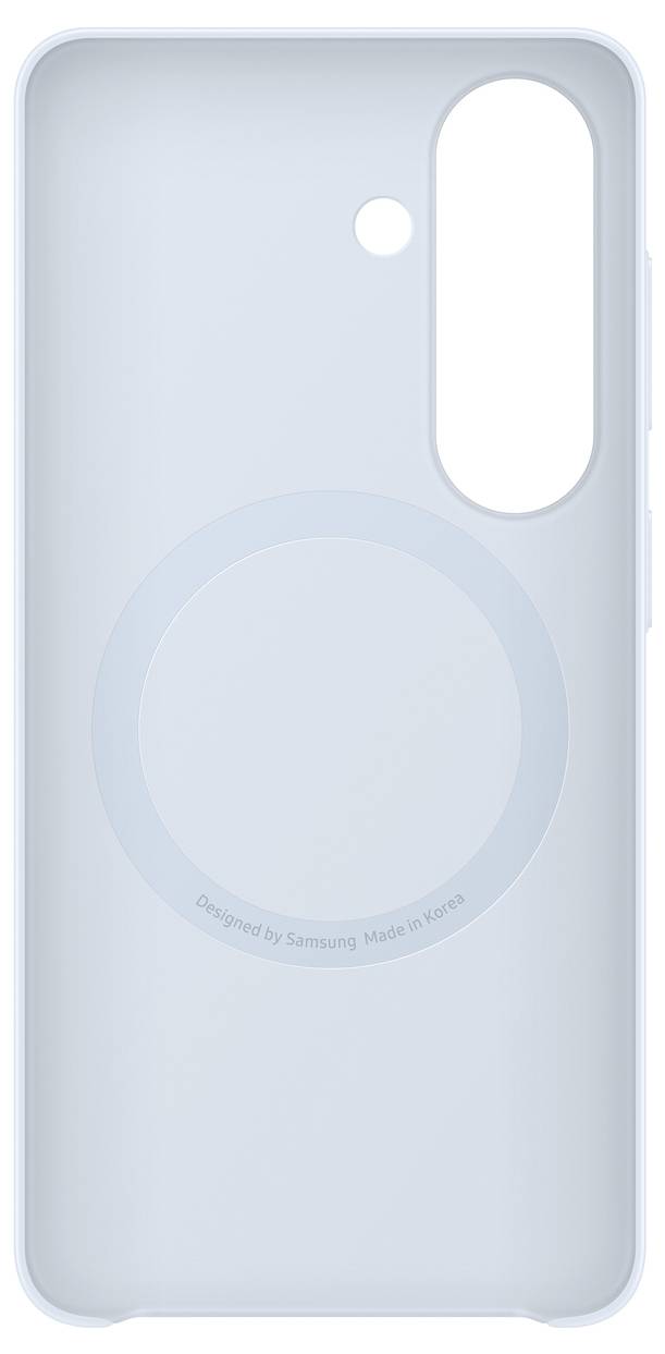 Ein hellblaues Smartphone-Etui mit einem kreisförmigen, MagSafe-kompatiblen Bereich in der Mitte und zwei Ausschnitten für eine Kamera und ein Blitzlicht.