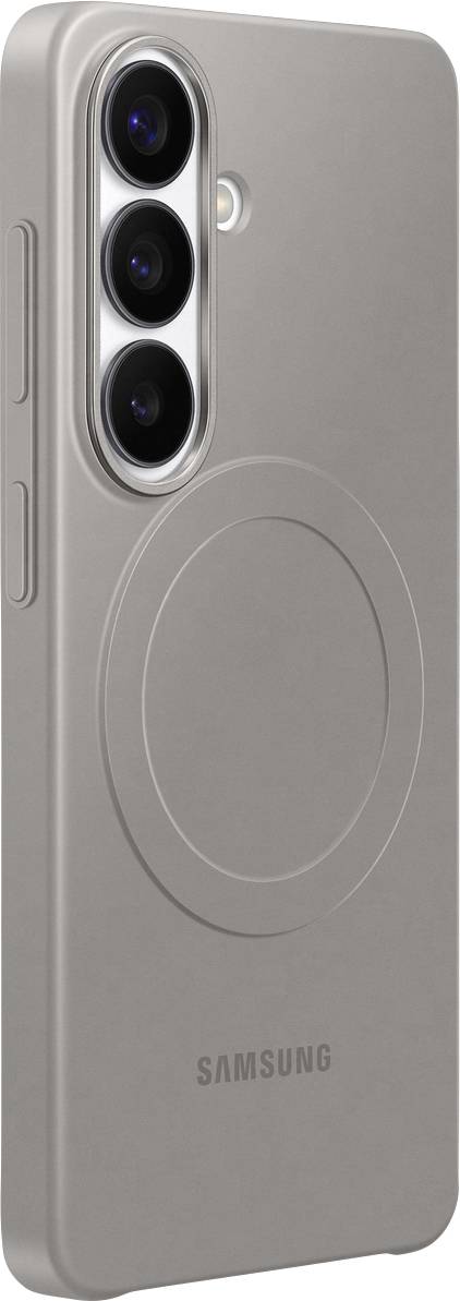 Ein beigefarbenes Smartphone-Gehäuse mit einer kreisförmigen MagSafe-ähnlichen Funktion wird gezeigt, die drei hintere Kameraobjektive offenbart. Aus einer Rückansicht gesehen.