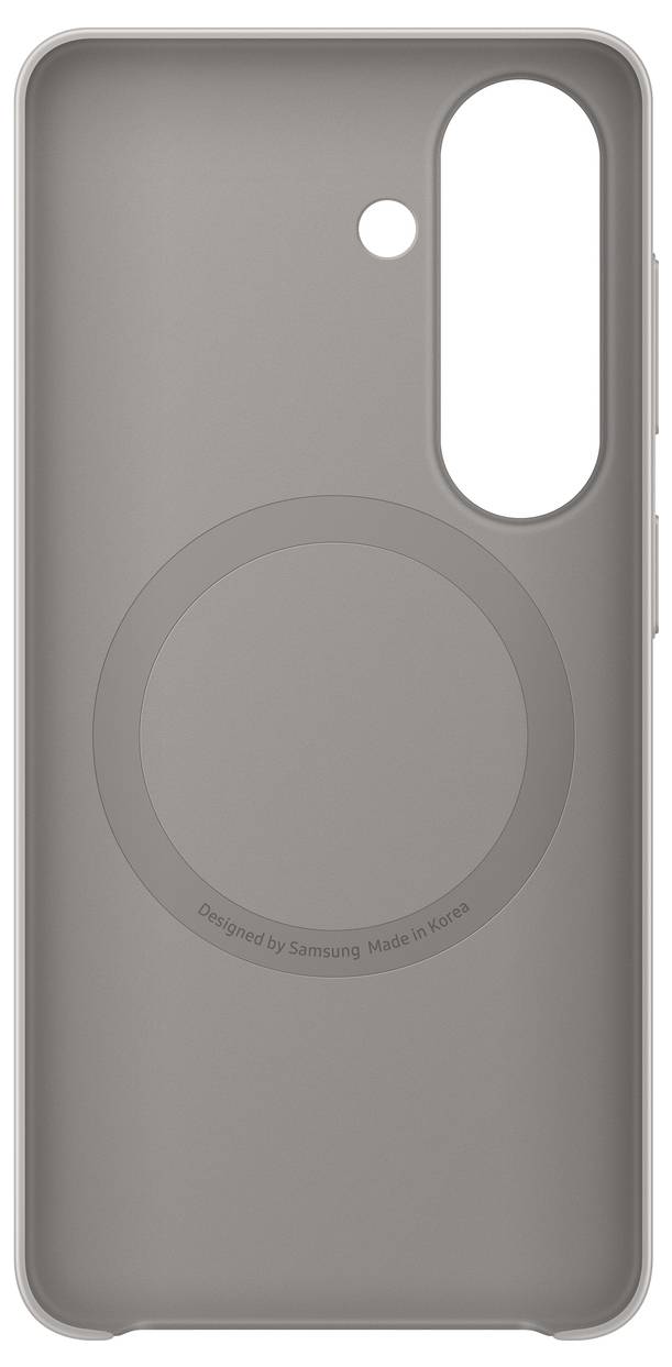 Eine graue Handyhülle mit kreisförmiger Umrandung und einer Aussparung für die Kamera, entworfen für ein bestimmtes Smartphone-Modell von Samsung.