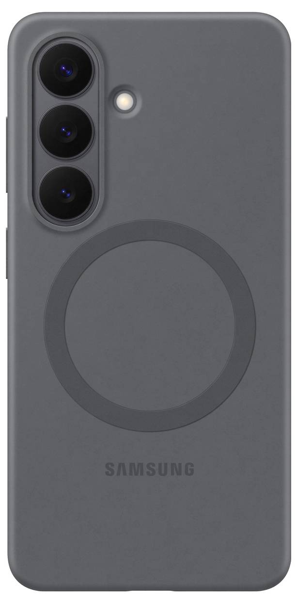 Ein dunkelgraues Smartphone-Etui mit drei Kameraaussparungen und einem kreisförmigen Design in der Mitte, mit der Bezeichnung 