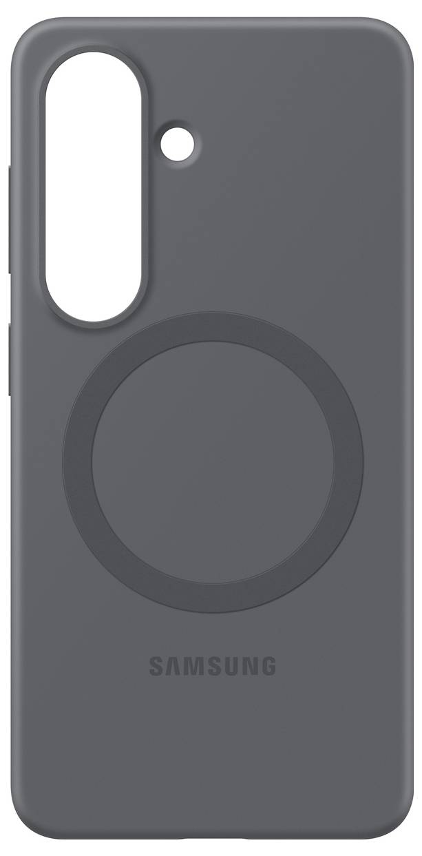 Ein dunkelgraues Samsung-Handyhülle mit großem Kameraausschnitt und kreisförmigem Design auf der Rückseite.