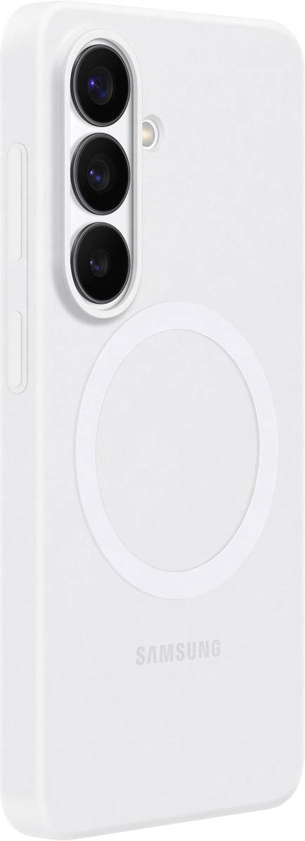 Ein weißes Smartphone-Gehäuse mit drei vertikalen Kameraausschnitten und einem kreisförmigen Design auf der Rückseite. Das Samsung-Logo erscheint am unteren Ende.