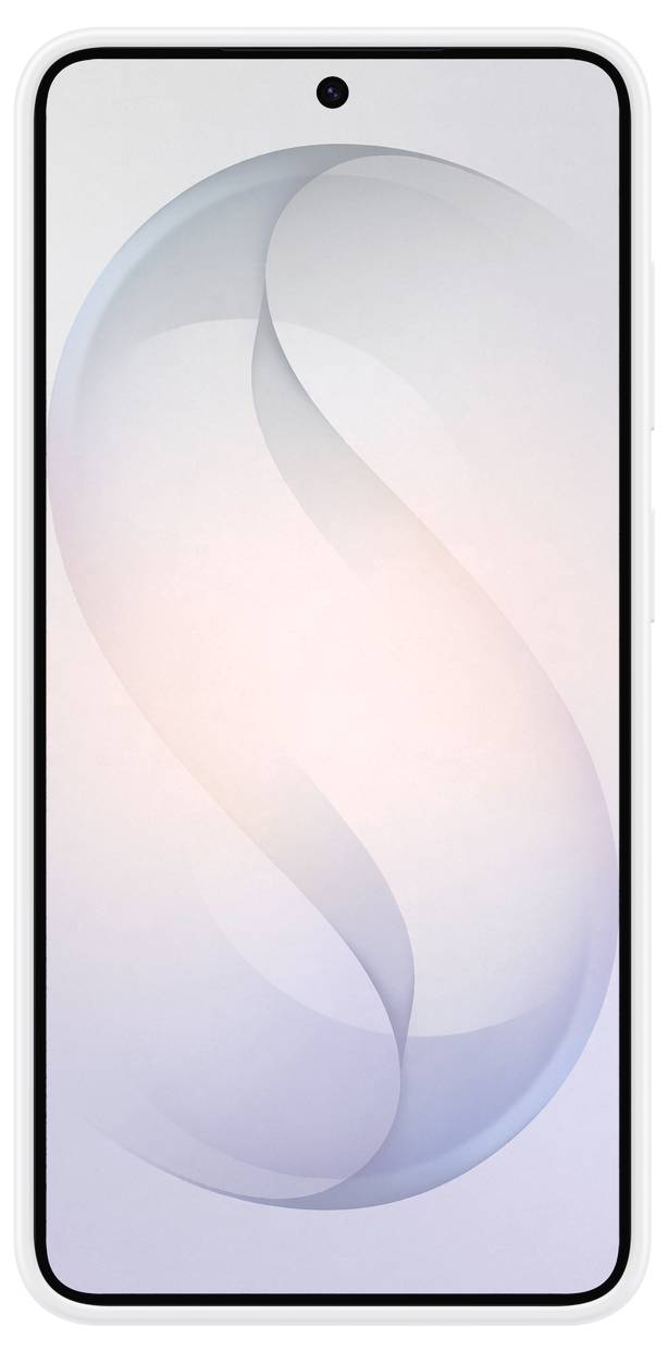 Ein Smartphone mit weißem Rahmen und einem Bildschirm, der ein weiches, abstraktes Wirbelmuster in Rosa- und Blautönen anzeigt.