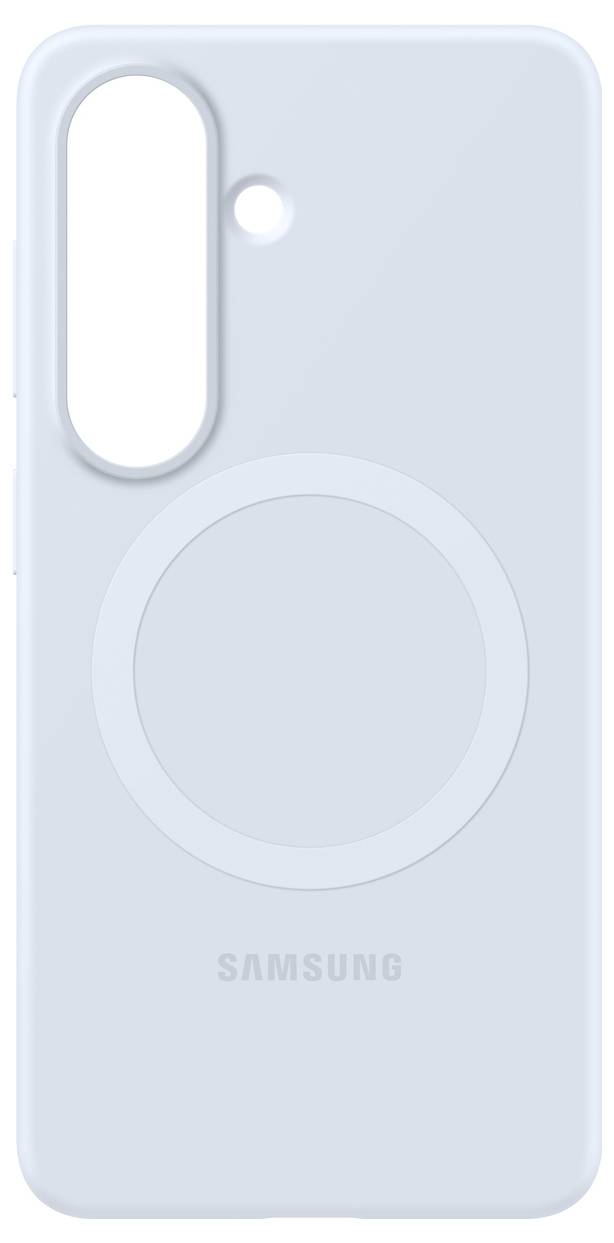 Ein hellblaues Samsung-Handyhülle mit einem kreisförmigen MagSafe-kompatiblen Bereich auf der Rückseite, entwickelt um spezifische Kamerakonfigurationen zu passen.