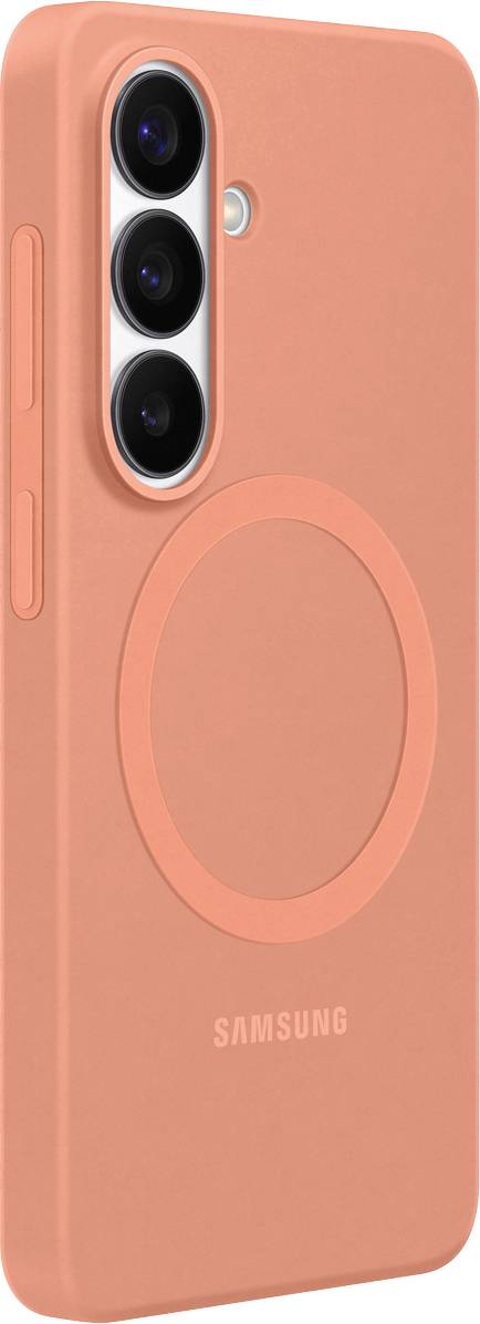 Oranger Handycover mit kreisförmigem Design und drei Kameraausschnitten, entworfen für ein Samsung-Telefonmodell.