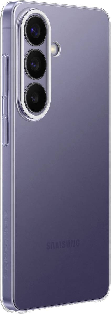 Ein Smartphone mit schlankem Design, ausgestattet mit einer Triple-Kamera-Anordnung auf der Rückseite und einer glänzenden violetten Oberfläche.