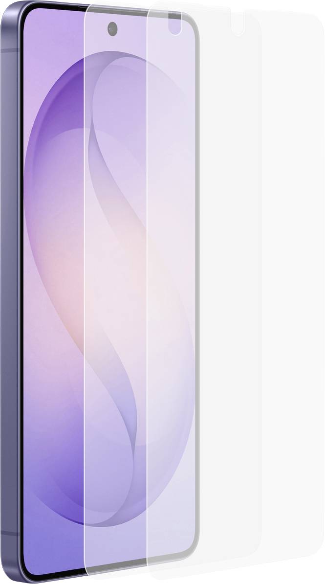 Ein Smartphone mit einem violetten abstrakten Hintergrundbild, teilweise bedeckt durch eine transparente Displayschutzfolie, die gerade angebracht wird.