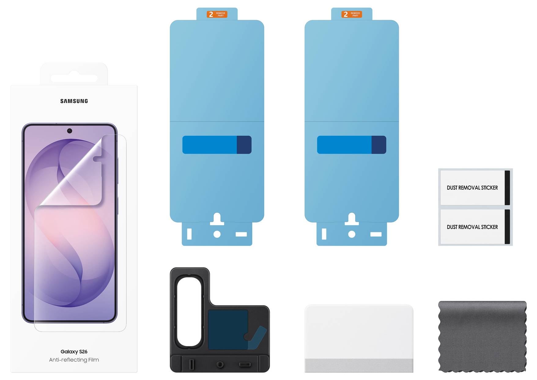 Samsung Galaxy S23 Displayschutzfolien-Set mit zwei Installationsrahmen, Staubtüchern, Rakel und Mikrofasertuch.