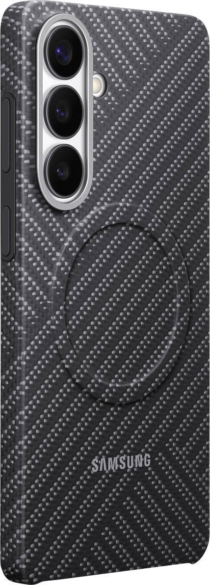 Ein Samsung-Falttelefon in einer dunklen, strukturierten Schutzhülle, das sein dreifaches Kameraset-up auf der Rückseite zur Schau stellt.