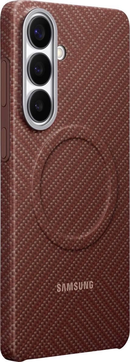 Samsung-Smartphone mit strukturiertem braunem Gehäuse mit drei rückseitigen Kameras und einer Ringhalterung.