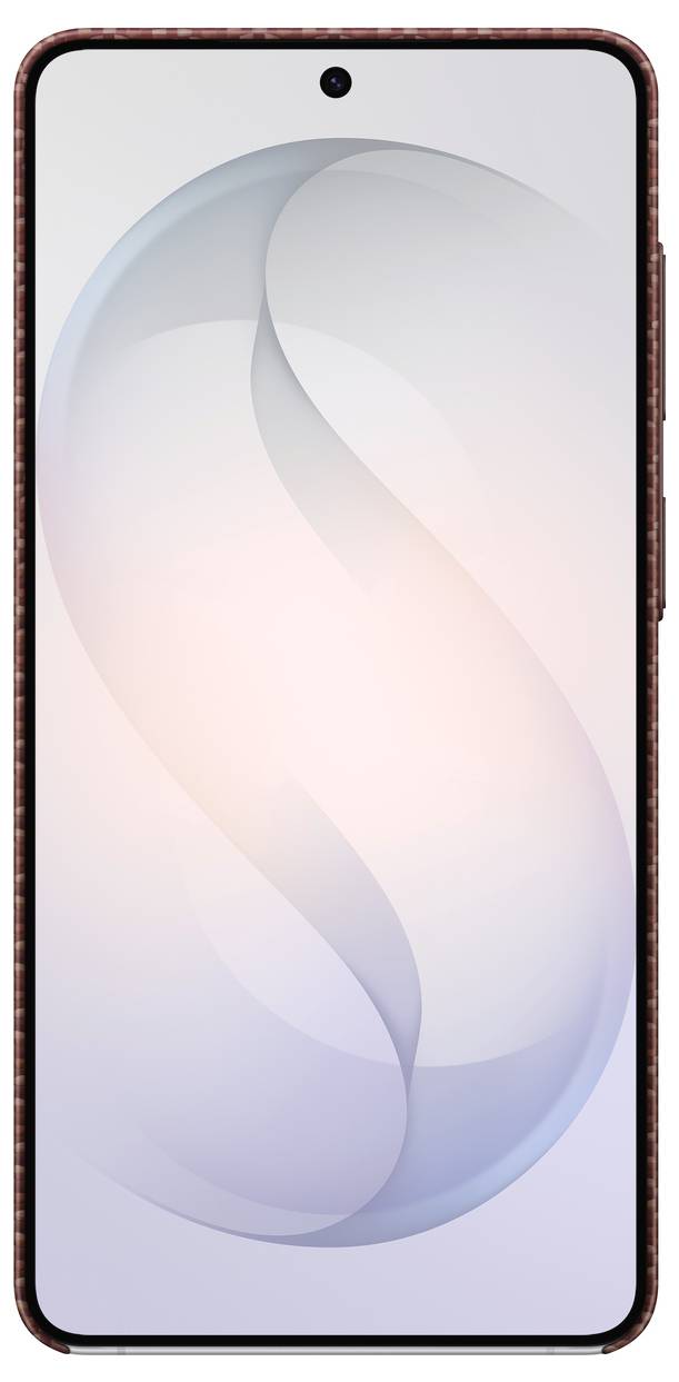 Orangenes Handyhülle mit Kameraausschnitt und kreisförmigem Design auf der Rückseite, beschriftet mit „Designed by Samsung Made in China