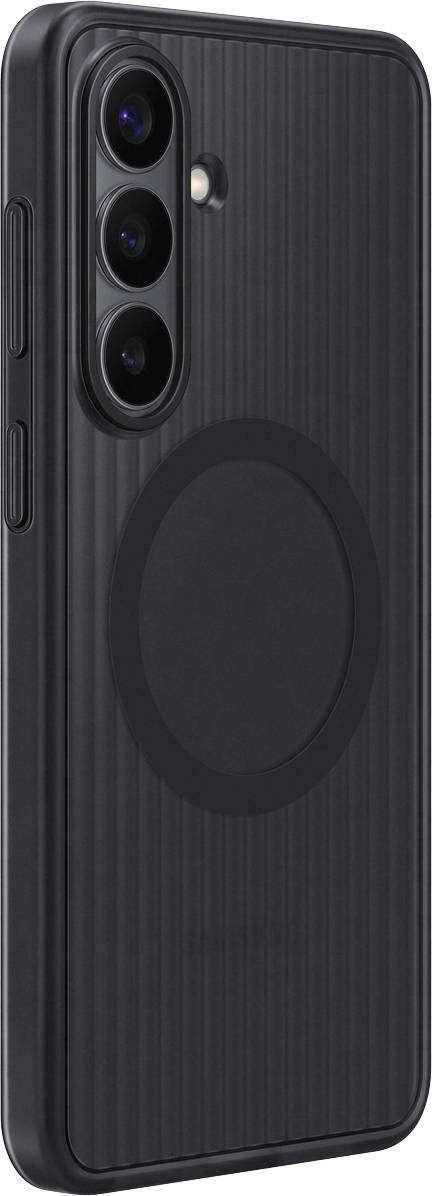 Schwarze Smartphone-Hülle mit drei Kameraausschnitten, Seitentasten und einem kreisförmigen MagSafe-kompatiblen Design auf der Rückseite.