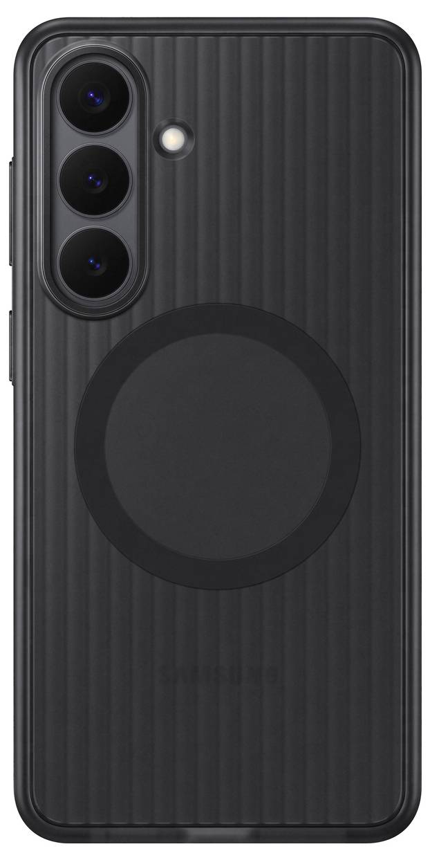 Ein schwarzes Samsung-Smartphone mit strukturierter Rückseite, Triple-Kamera-Setup und kreisförmigem Designelement in der Mitte neben der Kamera.