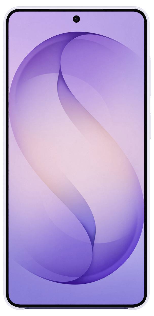 Ein Smartphone mit einem nahtlosen, randlosen Display und subtilen violetten Farbverläufen auf dem Bildschirm, mit einer zentrierten Frontkamera oben.