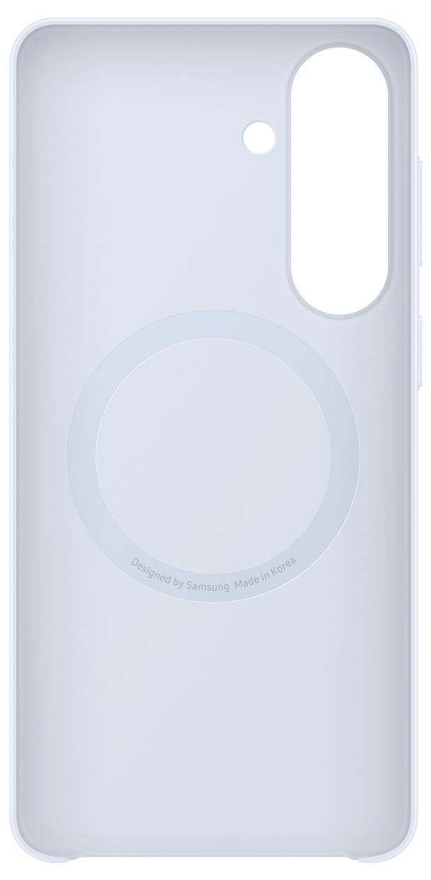 Eine hellblaue Handyhülle mit einer Kameraausschnitt oben rechts und einem schwachen kreisförmigen Design in der Mitte, mit der Beschriftung „Designed by Samsung