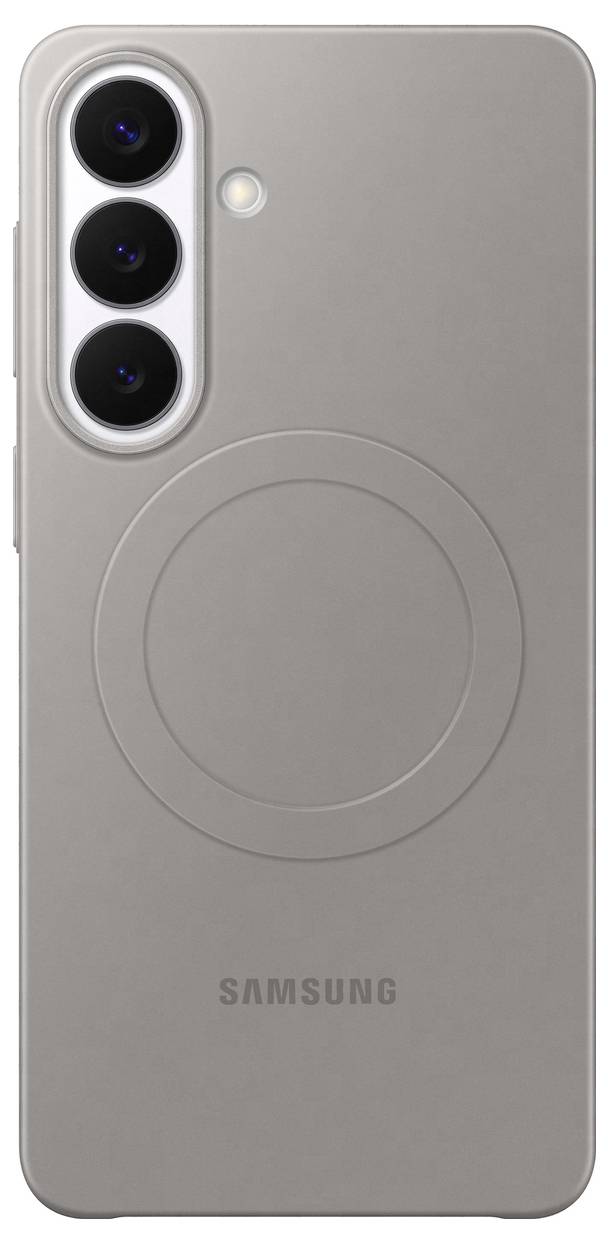 Ein weißes Smartphone mit dreifacher Kameraanordnung oben links, ein kreisförmiges Design in der Mitte und 