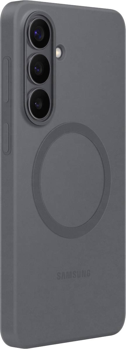 Ein graues Smartphone mit einem dreifachen Kamerasystem auf der Rückseite und einem kreisförmigen Design unterhalb der Kameras, positioniert vor einem weißen Hintergrund.