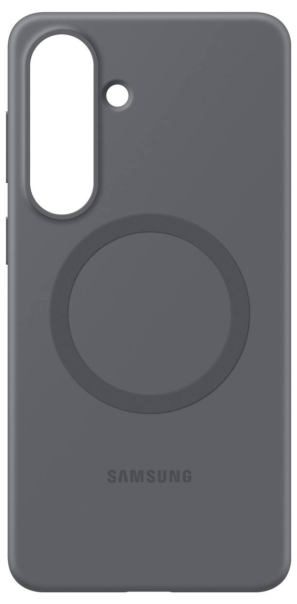 Eine Samsung-Handyhülle in Dunkelgrau mit kreisförmigem Design auf der Rückseite, entwickelt für Schutz und Stil.