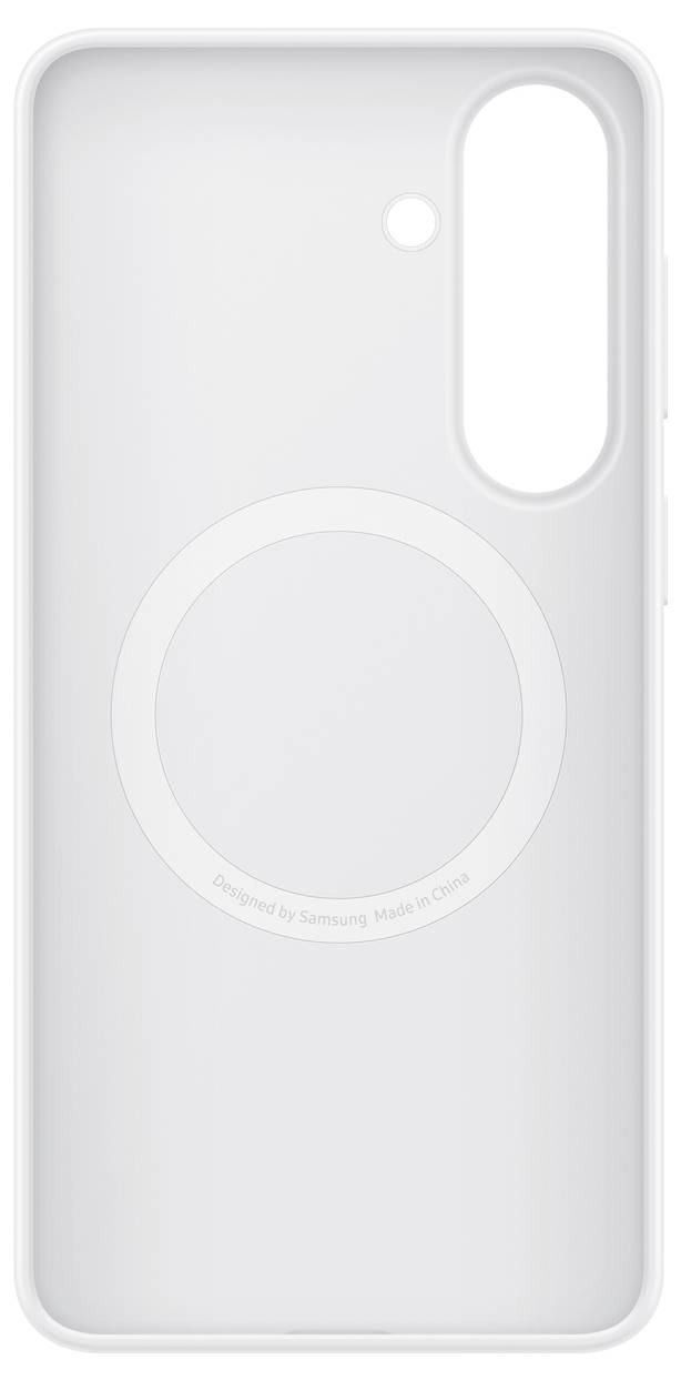 Weiße Handyhülle mit großer kreisförmiger Kontur in der Mitte, einer Kamera- und Sensoraussparung oben rechts und Text am unteren Rand.