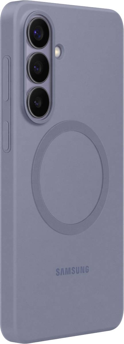 Ein blaues Smartphone-Gehäuse mit drei Kameraausschnitten und einem kreisförmigen Design in der Mitte, von der Rückseite betrachtet.