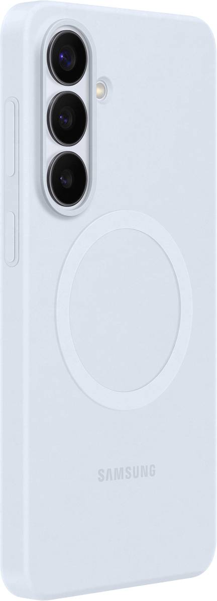 Ein hellblaues Samsung-Smartphone-Schutzhülle mit drei Kameraausschnitten und einem kreisförmigen Design auf der Rückseite, aus dem hinteren Winkel betrachtet.