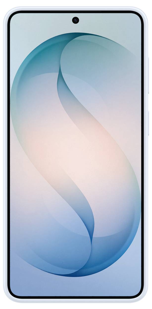Ein Smartphone zeigt eine violette abstrakte Wirbelbewegung auf dem Bildschirm und ist vor einem Farbverlaufshintergrund positioniert. Das Telefon hat eine zentral angebrachte Frontkamera.