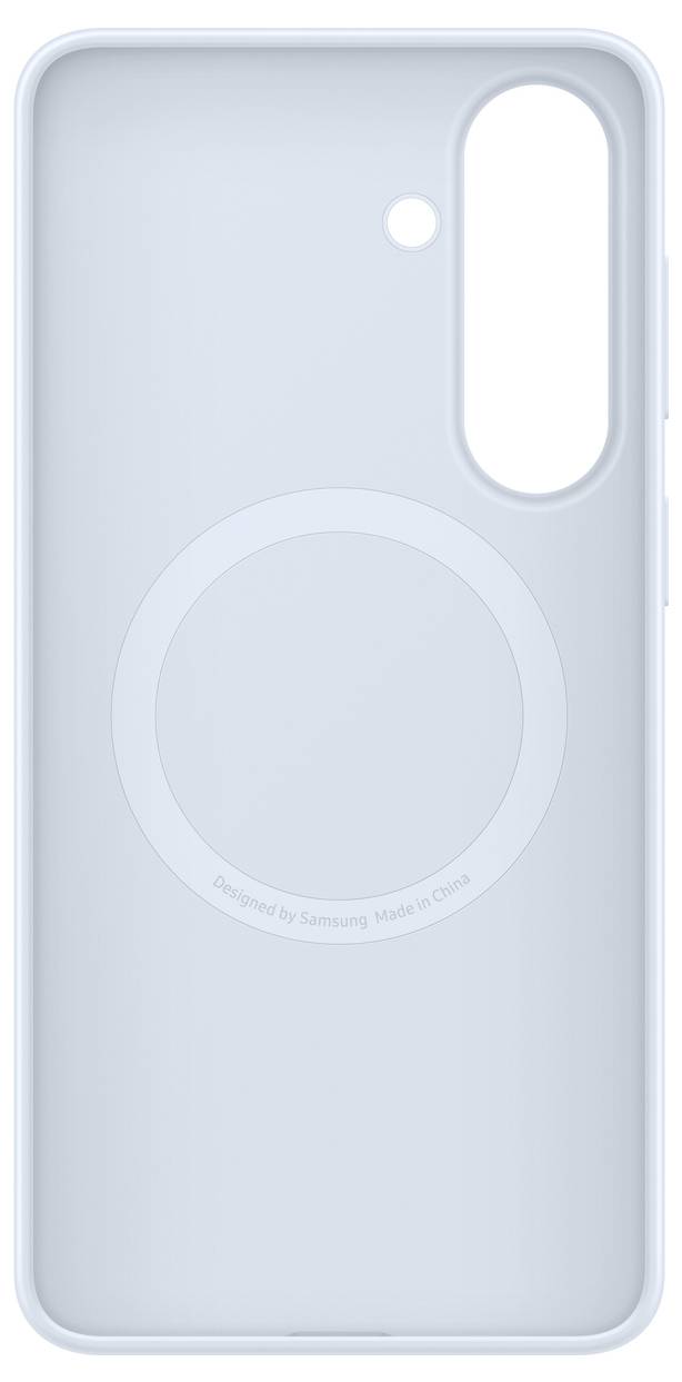 Hellblaue Smartphone-Schutzhülle mit einem kreisförmigen Muster und zwei Löchern für Kameraobjektive. Der Text um den Kreis herum lautet „Designed by Samsung, Made in China