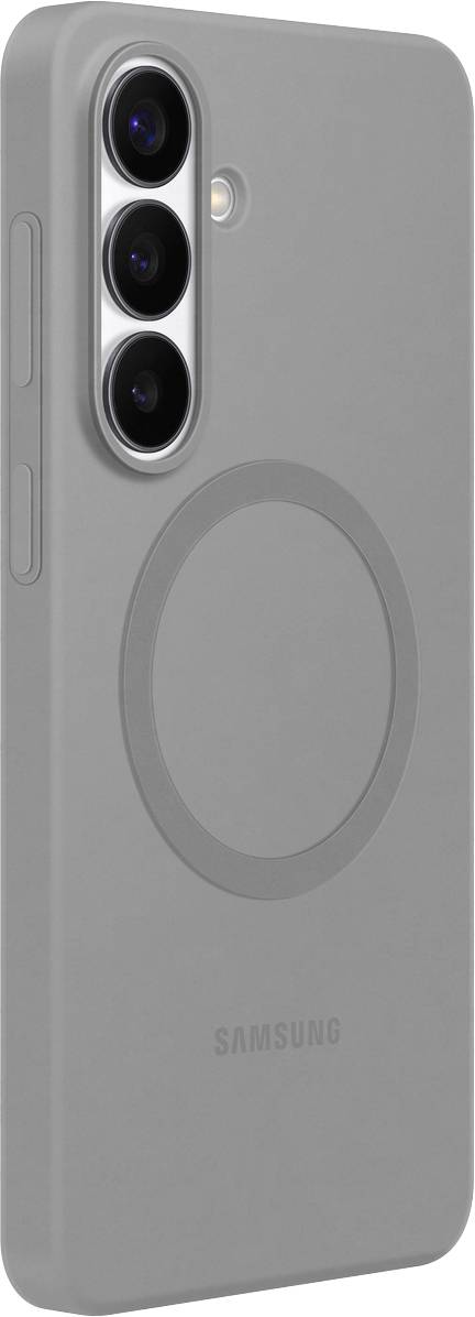 Ein grauer Smartphone-Hüllen mit kreisförmigem MagSafe-kompatiblem Design, mit drei Kameraausschnitten und Samsung-Logo am unteren Rand.