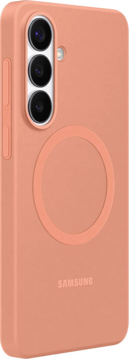 Eine orangefarbene Handyhülle für ein Samsung-Gerät mit drei Kameraausschnitten auf der Rückseite, entworfen für ein bestimmtes Telefonmodell.