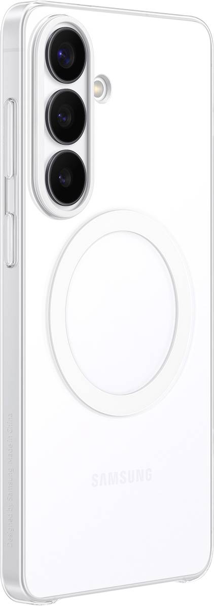 Weißes Smartphone mit einer Dreifach-Kameraobjektiv und einem kreisförmigen Design auf der Rückseite, wahrscheinlich für kabelloses Laden oder magnetische Zubehörteile.