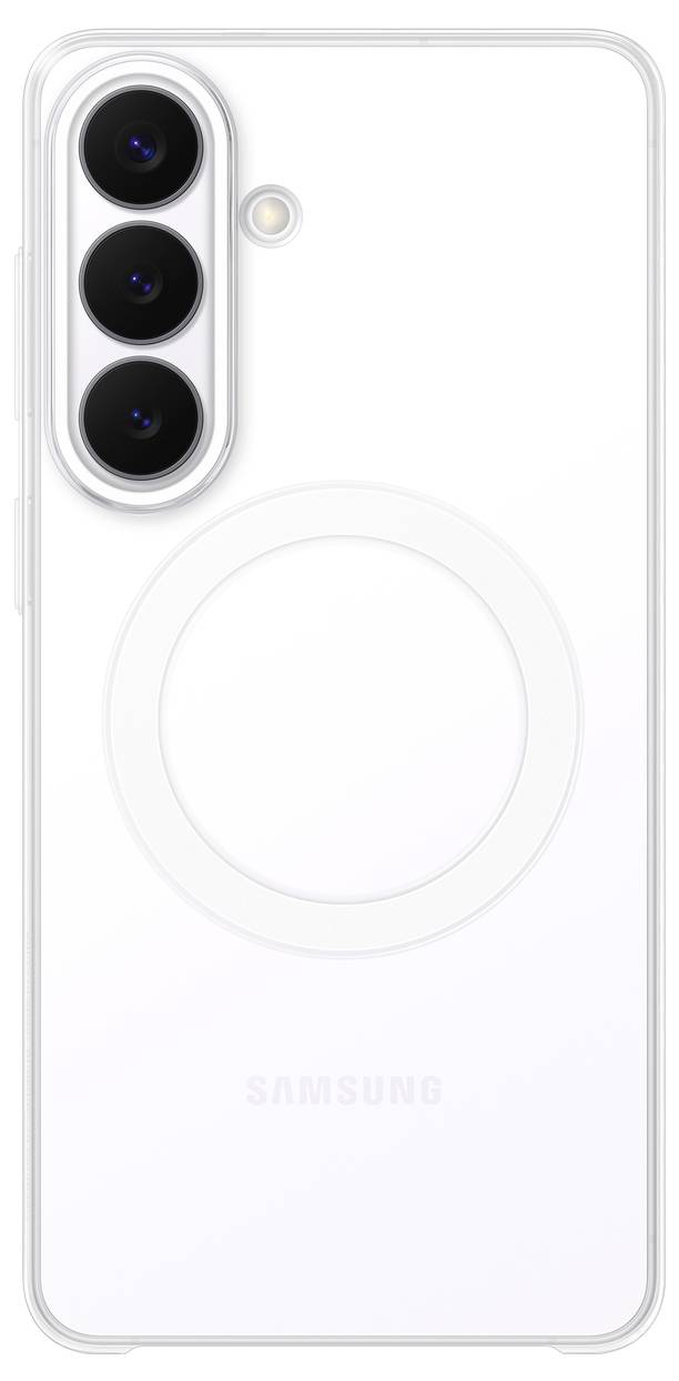 Rückansicht eines weißen Samsung-Smartphones, das drei vertikal ausgerichtete Kameras und ein kreisförmiges Design um den Markennamen zeigt.