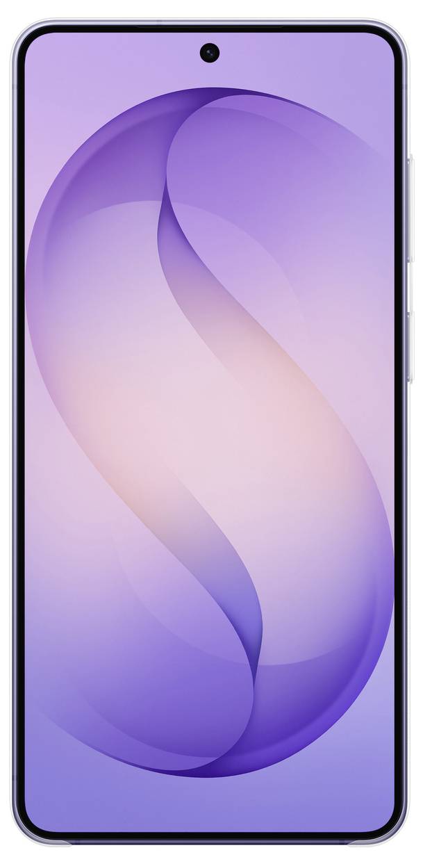 Ein Smartphone-Bildschirm mit abstraktem violettem und rosa wirbelndem Design vor einem hellen Farbverlaufshintergrund. Das Telefon hat dünne Displayränder.