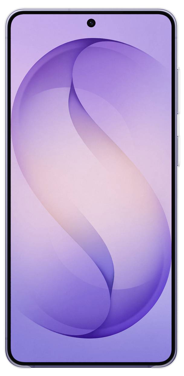 Ein Smartphone mit einem großen Display, auf dem ein violettes abstraktes Design angezeigt wird. Die Frontkamera ist oben in der Mitte positioniert.