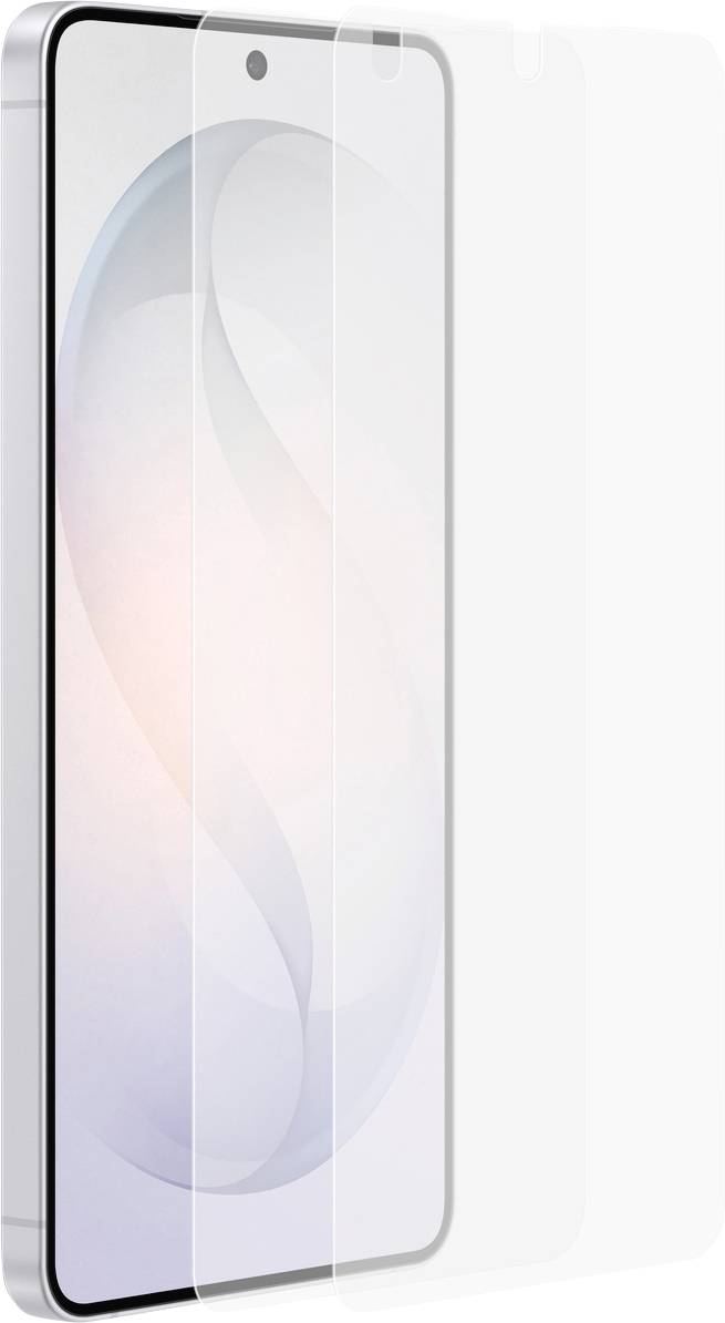 Ein Smartphone mit hellem Bildschirm und transparenter Schutzfolie, die sein schlankes Design und die geschwungenen Kanten hervorhebt.