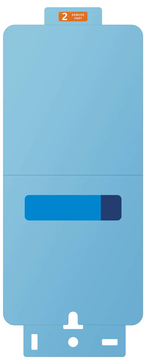 Blauer Ordner mit einem orangefarbenen Register mit der Aufschrift '2 Zuerst entfernen' und einer Tasche zum Aufbewahren von Dokumenten.