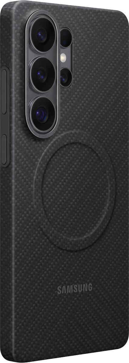 Ein schwarzes, strukturiertes Samsung-Smartphone-Case mit drei Kameralinsen-Öffnungen und einem kreisförmigen Design in der Mitte.