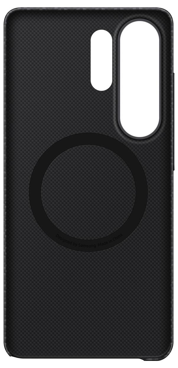 Ein schwarzes strukturiertes Handyhülle mit präzisen Ausschnitten für die Kamera und Sensoren, mit einem kreisförmigen magnetischen Ladering.