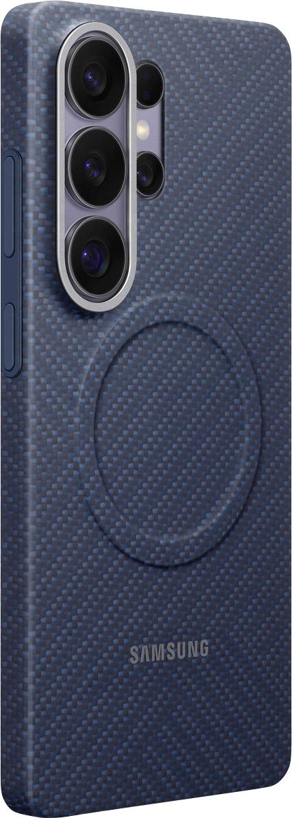 Samsung-Telefon in einer strukturierten, dunkelblau Schutzhülle mit Ringhalter. Die Hülle ist für Schutz und Komfort konzipiert.