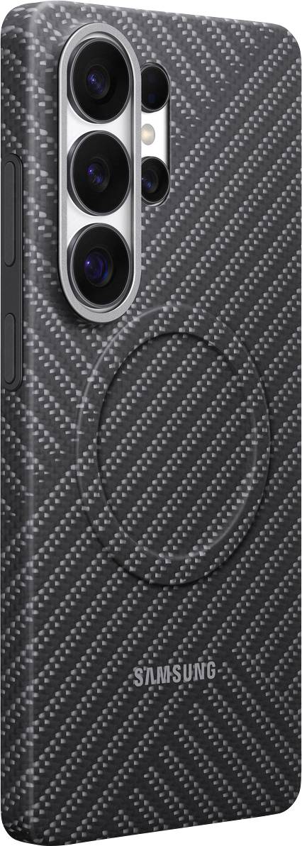 Ein Smartphone mit einer strukturierten schwarzgrauen Hülle, das ein dreifaches Kamera-Array und ein „Samsung
