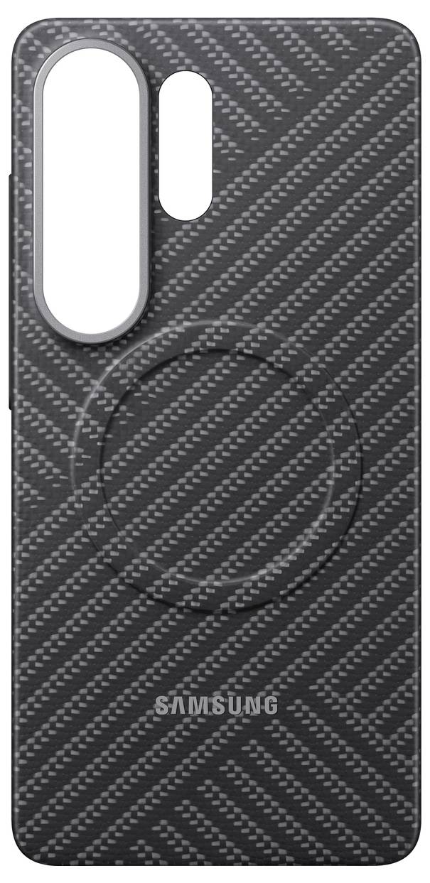 Ein strukturiertes schwarzes Samsung-Handyhülle mit zwei Kameraöffnungen und 'Samsung'-Logo am unteren Ende.