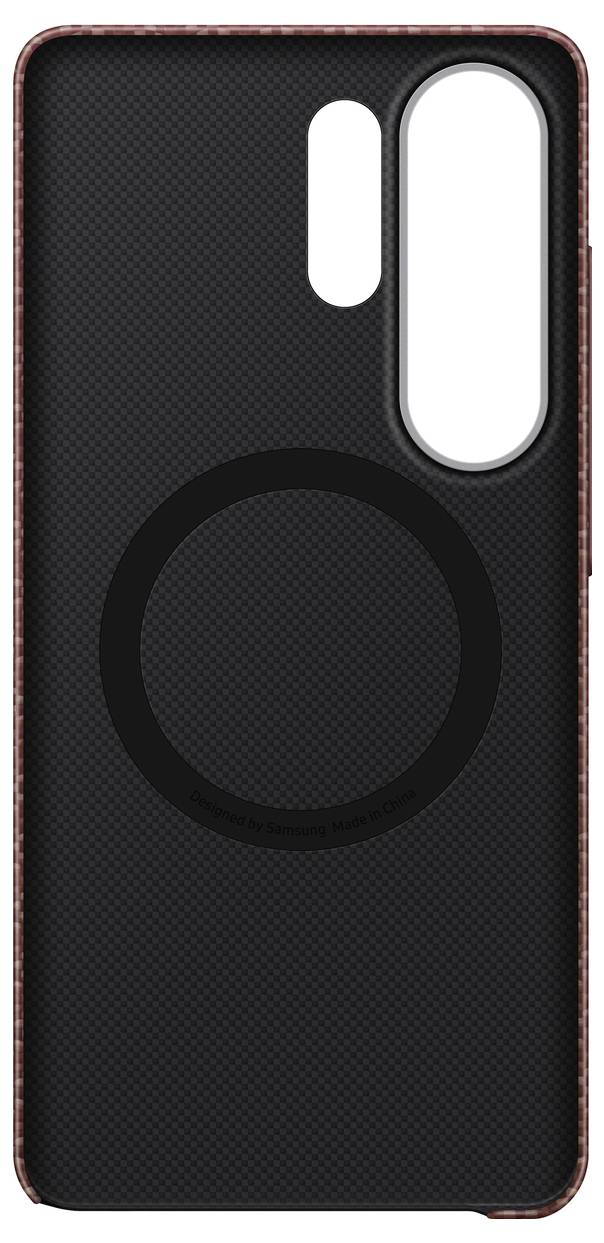 Ein schwarzes Handycover mit strukturierter Oberfläche, das eine große kreisförmige Vertiefung in der Mitte und eine Aussparung für Kameraobjektive aufweist.