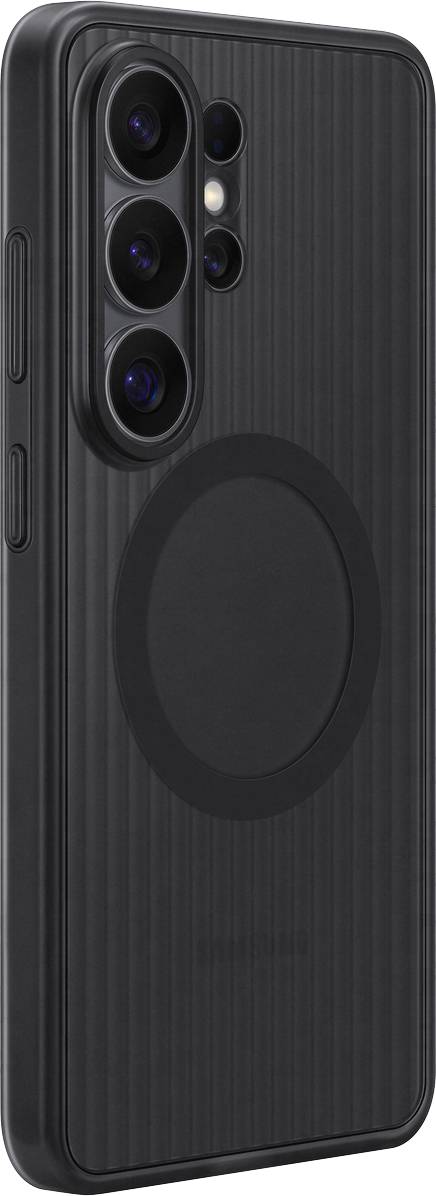 Ein schwarzes Smartphone mit einer strukturierten Hülle, die auf der Rückseite ein großes kreisförmiges Design aufweist, wahrscheinlich für die Kompatibilität mit kabellosem Laden.