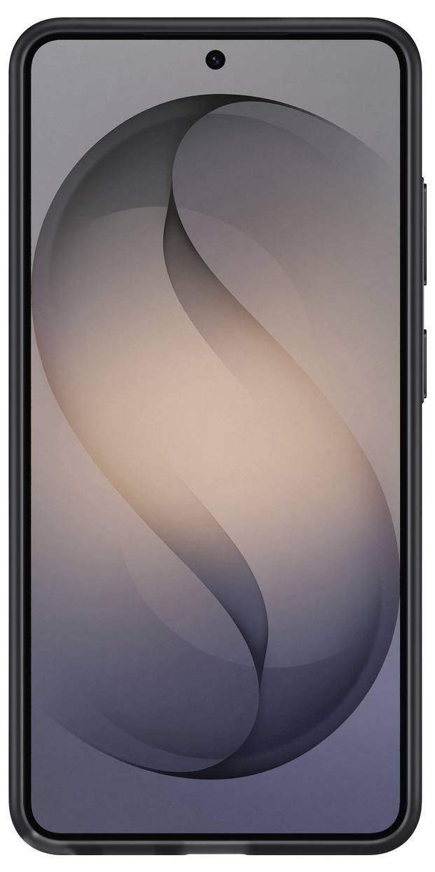 Ein Smartphone zeigt einen abstrakten Hintergrund mit verschlungenen gekrümmten Formen in Grau- und Pfirsichtönen. Das Telefon verfügt über eine nach vorne gerichtete Kamera.