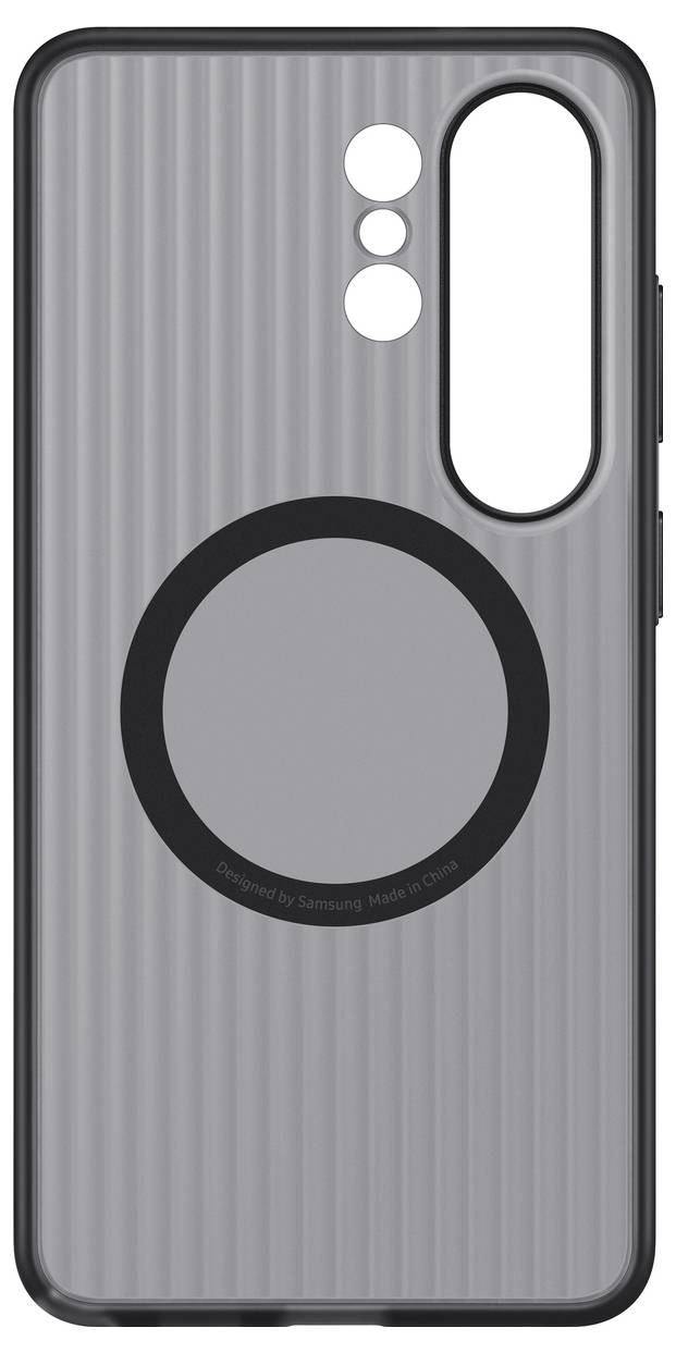 Eine schwarze Samsung-Handyhülle mit strukturiertem Muster, mit einem Kameraausschnitt und einer kreisförmigen Nut in der Mitte.