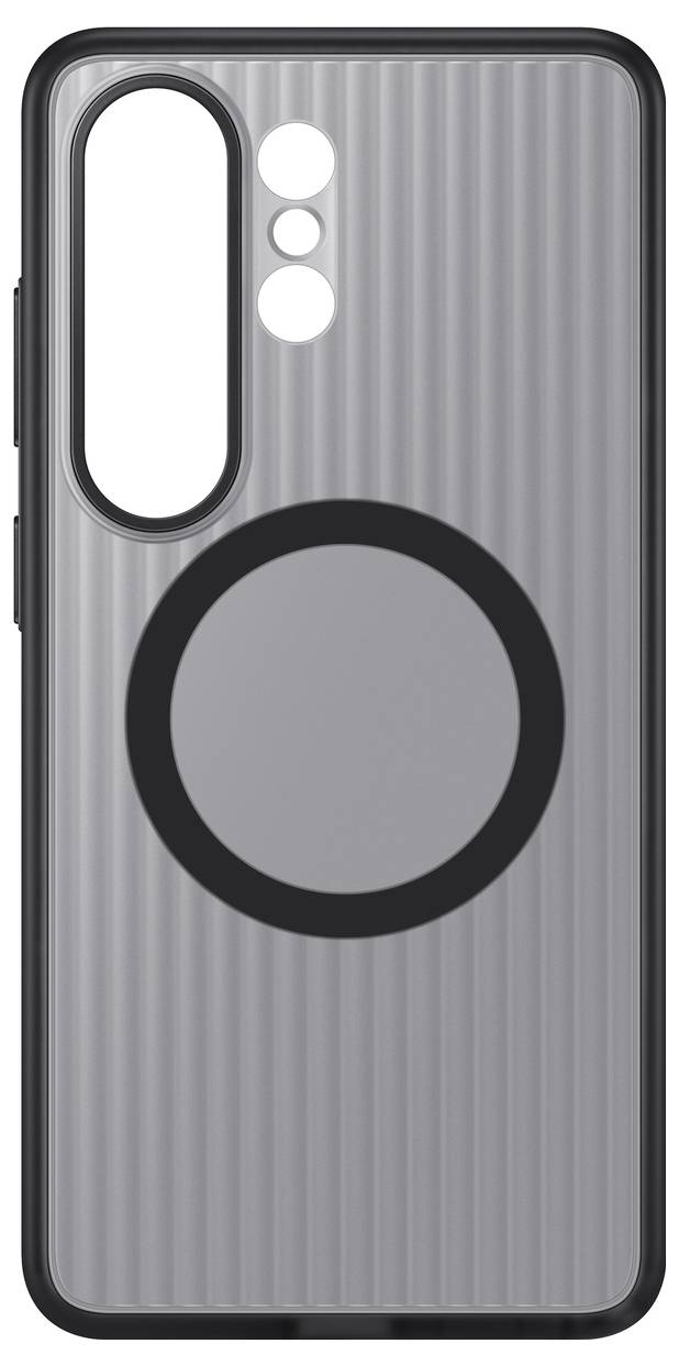 Eine Handyhülle mit strukturiertem, vertikal gestreiftem Muster und einem großen schwarzen Ring in der Mitte, entworfen für ein Smartphone mit mehreren Kameraobjektiven.