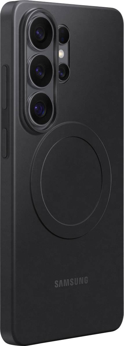 Ein schwarzes Smartphone mit einem ringförmigen Zubehör auf der Rückseite, das drei hintere Kameras und einen Blitz aufweist. Das Samsung-Logo ist sichtbar.